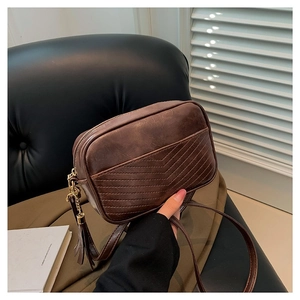 Women Urban Minimalist PU Quilted Camera Bag V-Stitched Shoulder Bag Double Straps Fashion Crossbody Bag With Tassel