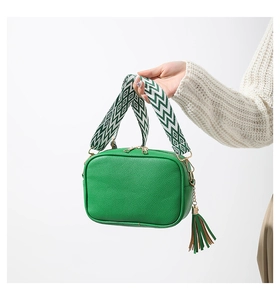 Close-up of green lychee pattern crossbody bag with stylish woven shoulder strap