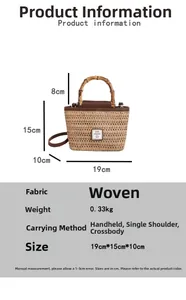 Size chart showing dimensions for a woven crossbody bag with bamboo handle and strap