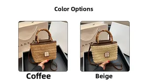 Straw woven tote bag with bamboo handles and crossbody strap in coffee and beige colors