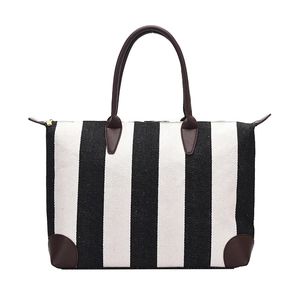 Borsa tote in tela a righe bianche e nere con manici in finta pelle marrone da donna