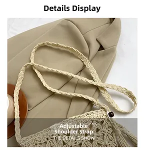 Detail showing the straw woven bag strap with adjustable knot and decorative wooden beads