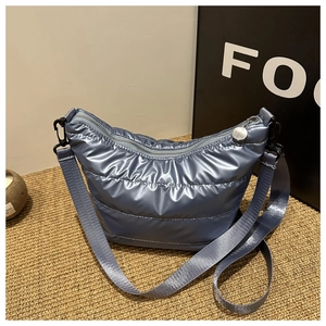 Women Quilted Puffer Shoulder Bag Fashion Metallic Shiny Nylon Padded Crossbody Bag Casual Crescent Cloud Bag Urban Minimalist Handbag