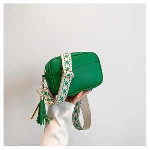Fashion Women PU Leather Litchi Texture Shoulder Bag With Tassel Wide Geometric Strap Crossbody Camera Bag Casual Daily Purse