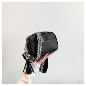 Chic black litchi pattern crossbody bag with a geometric jacquard wide shoulder strap