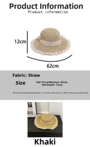 Detail showing khaki straw sun hat with white lace crochet brim and size measurements