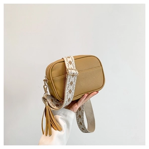 Fashionable khaki PU leather crossbody bag with jacquard strap and tassel detail