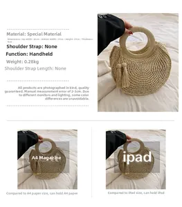 Detail showing natural straw half-moon handbag dimensions and iPad capacity comparison