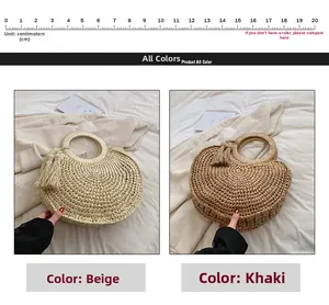 Detailed view of beige and khaki woven straw handbags with round handles and tassels