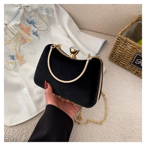 Elegant Gold Velvet Evening Bag For Women Rhinestone Clasp Metal Handle Shoulder Clutch For Banquet Wedding Party Handbag