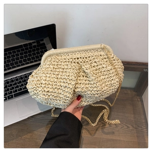 Fashionable cream woven cloud clutch bag with gold chain strap for women