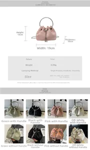 Detailed size chart and multi-color velvet drawstring bucket bag with pearl charm