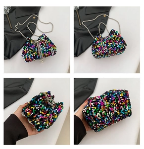 Detailed views of a mini colorful sequin bucket bag with silver chain and drawstring