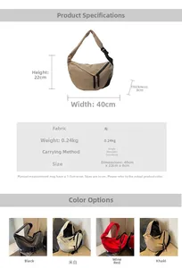 Detailed size specifications for fabric crescent crossbody bag showing dimensions and weight