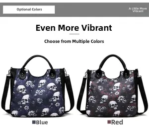 Detail view of blue and red skull floral print crossbody bags with nylon straps