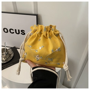 Women Fashion Embroidered Canvas Shoulder Crossbody Bag Literary Fresh Drawstring Closure Small Bucket Bag For Daily Travel