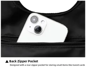 Detail of high-density black nylon crossbody bag featuring a secure rear zipper pocket