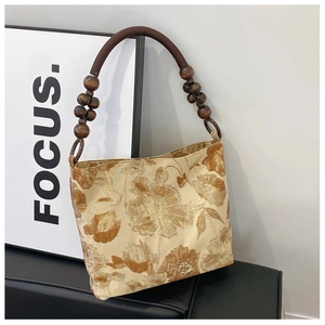 Vintage Jacquard Satin Handtasche Mit Kunstvollem Holzperlengriff Blumenmuster Damen Schultertasche Elegante Lässige Tasche