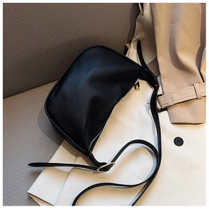 Fashionable black pebbled PU leather half moon crossbody bag with golden hardware