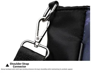 Close-up of durable multi-layer electroplated metal buckle and black woven shoulder strap