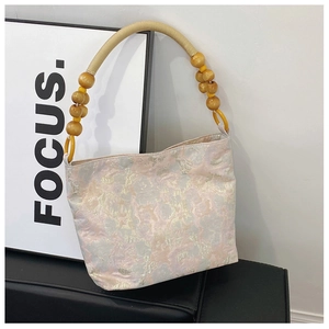Modische hellrosa Seiden-Jacquard-Handtasche mit vintage Perlengriff für Damen