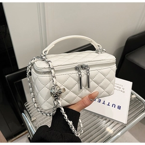 White quilted PU leather crossbody bag with top handle and silver chain strap