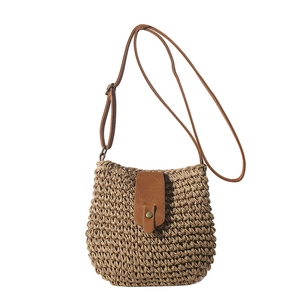 Chic woven raffia crossbody bag for women with adjustable brown synthetic leather strap