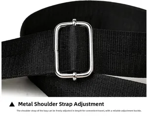 Detail of adjustable black nylon woven strap with silver metal buckle for crossbody bag