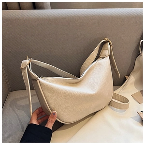 Fashionable creamy white PU leather half-moon shoulder bag with a pebble grain texture