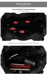 Detailed interior of large black nylon tote showing compartments for phone and daily items