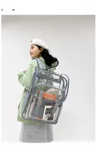 Detail view of transparent PVC backpack with grey webbing and dual buckle closure design