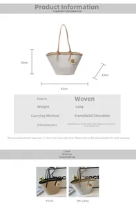 Detailed size guide and woven tote bag specifications with dimensions and material info