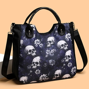 Gothic Skull Floral Print Nylon Tote Bag Women Large Capacity Shoulder Crossbody Bag Dark Art Handbag Gothic Fashion Purse