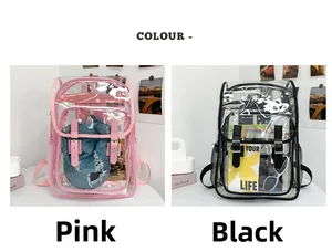 Detail view of transparent PVC backpacks in pink and black with stylish buckle pocket and large capacity