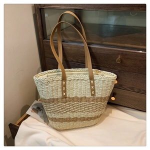Women Striped Straw Woven Tote Bag Large Capacity Summer Beach Shoulder Bag Casual Vacation Straw Hat Set Fashion Handbag