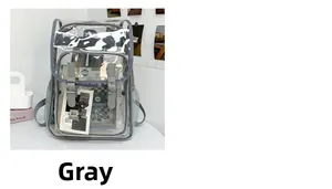 Detail view of transparent grey PVC backpack showing metal buckle and spacious main pocket