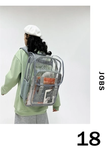 Clear PVC backpack showing transparent main compartment and grey trim details