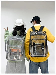 Rear view of models wearing grey and black transparent PVC backpacks for daily use