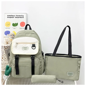 Ensemble trois pièces sac à dos en nylon vert tendance avec cabas et trousse pour femme