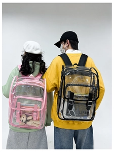 Detail of transparent PVC backpack showing dual pink and black versions with flap buckle closure