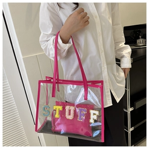 Transparent PVC tote with pink leather trim and glitter Chenille STUFF letters