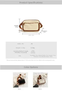 Detail showing the 22x15x5cm dimensions and lightweight PU leather texture of the bag