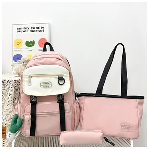 Ensemble 3 pièces de sac à dos en nylon rose avec sac fourre-tout et trousse pour femme