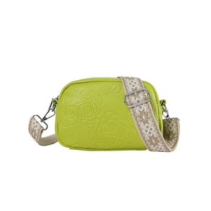 Modern grass green PU leather crossbody camera bag with floral embossing and woven strap