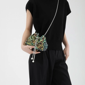 Trendy Women Sequin Bucket Bag With Metal Chain Strap And Faux Artificial Pearl Decor Fashion Drawstring Crossbody Shoulder Bag