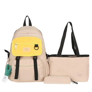 Ensemble 3 pièces sac à dos en nylon beige et jaune avec cabas et trousse à crayons