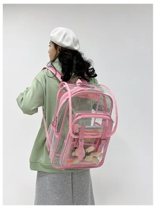 Detail view of pink PVC transparent backpack featuring adjustable straps and mesh side pockets