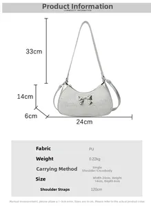 Size chart showing dimensions for a silver PU shoulder bag with bow and rhinestones