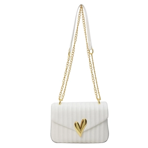 White quilted PU shoulder bag with gold heart clasp and chain strap for women