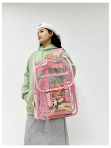 Pink PVC transparent backpack with adjustable straps worn by a female model
